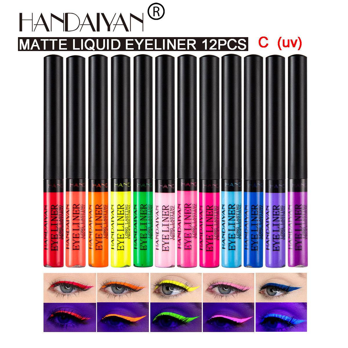 Cross-border Eyeliner Liquid Set handaiyan Quick-drying Long-lasting UV Fluorescent 12-Tube Colored eyeliner Liquid Pen set full figure