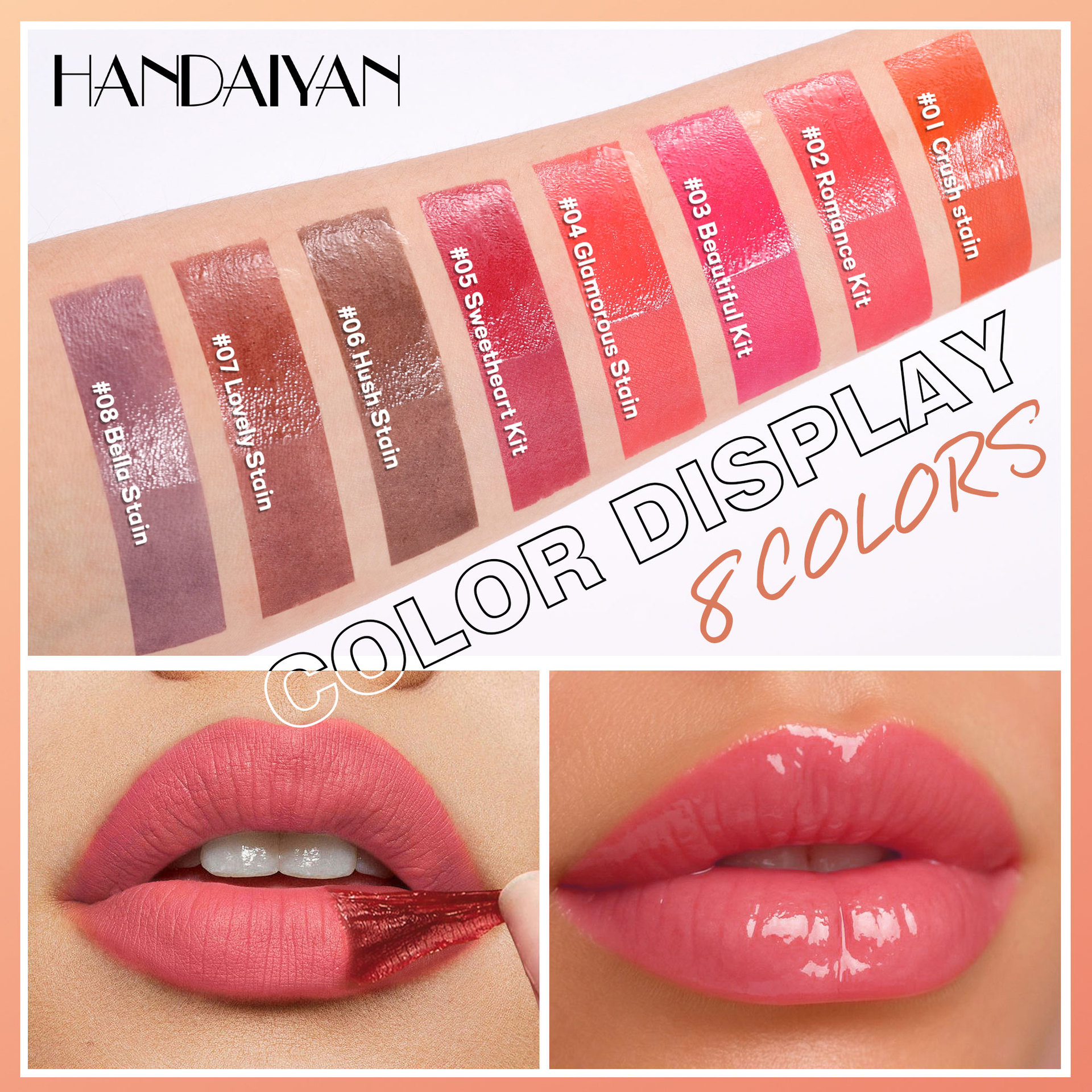 Cross-border tear-off lip gloss matte Waterproof HANDAIYAN Moisturizing and hydrating, easy to color and repair double-head tear-off lip gloss Specification drawing