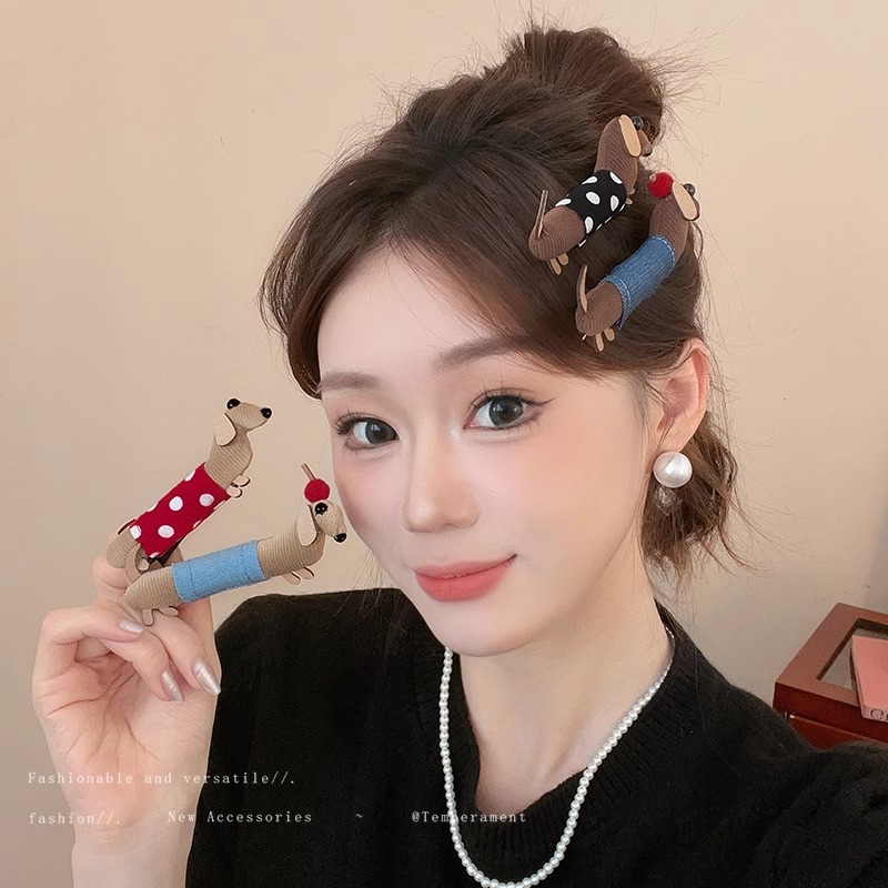 Cartoon Dachshund duckbill clip for girls, high-end side bangs clip hairpin, 2024 new style, cute and funny headwear Specification drawing