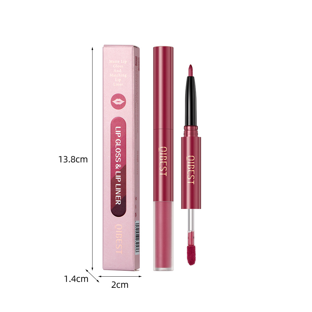 QIBEST Cross-border two-in-one Lip gloss and lip liner pen Waterproof matte velvet non-smudging double-headed lip gloss manufacturer wholesale Item Picture