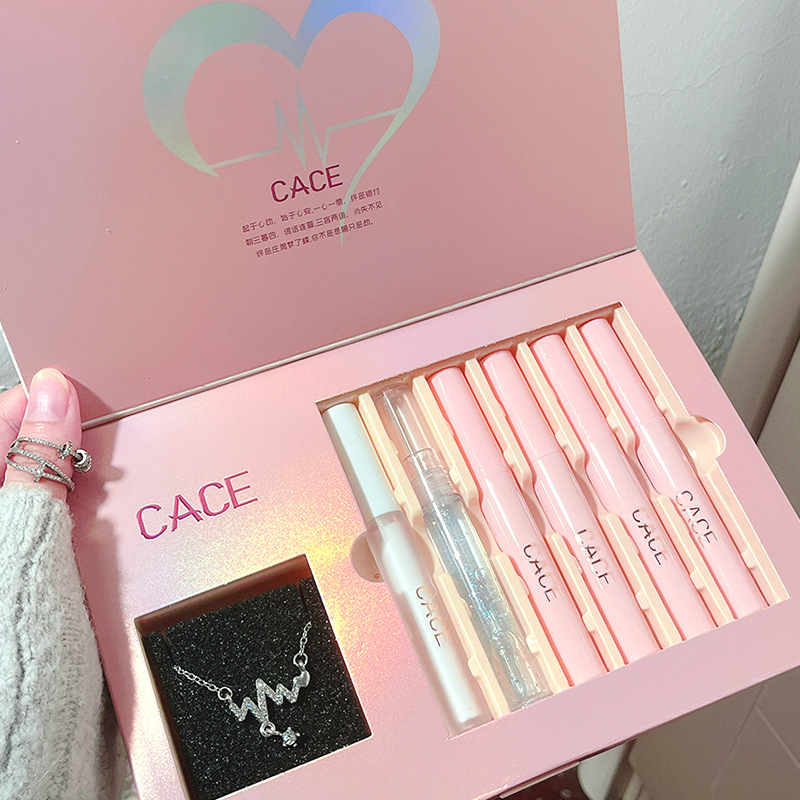 CACE Pink Party Lip Makeup Set 6 Pieces: Transparent Lip Gloss, matte Lip Paste, Moisturizing Lip Lotion, and comes with a necklace full figure