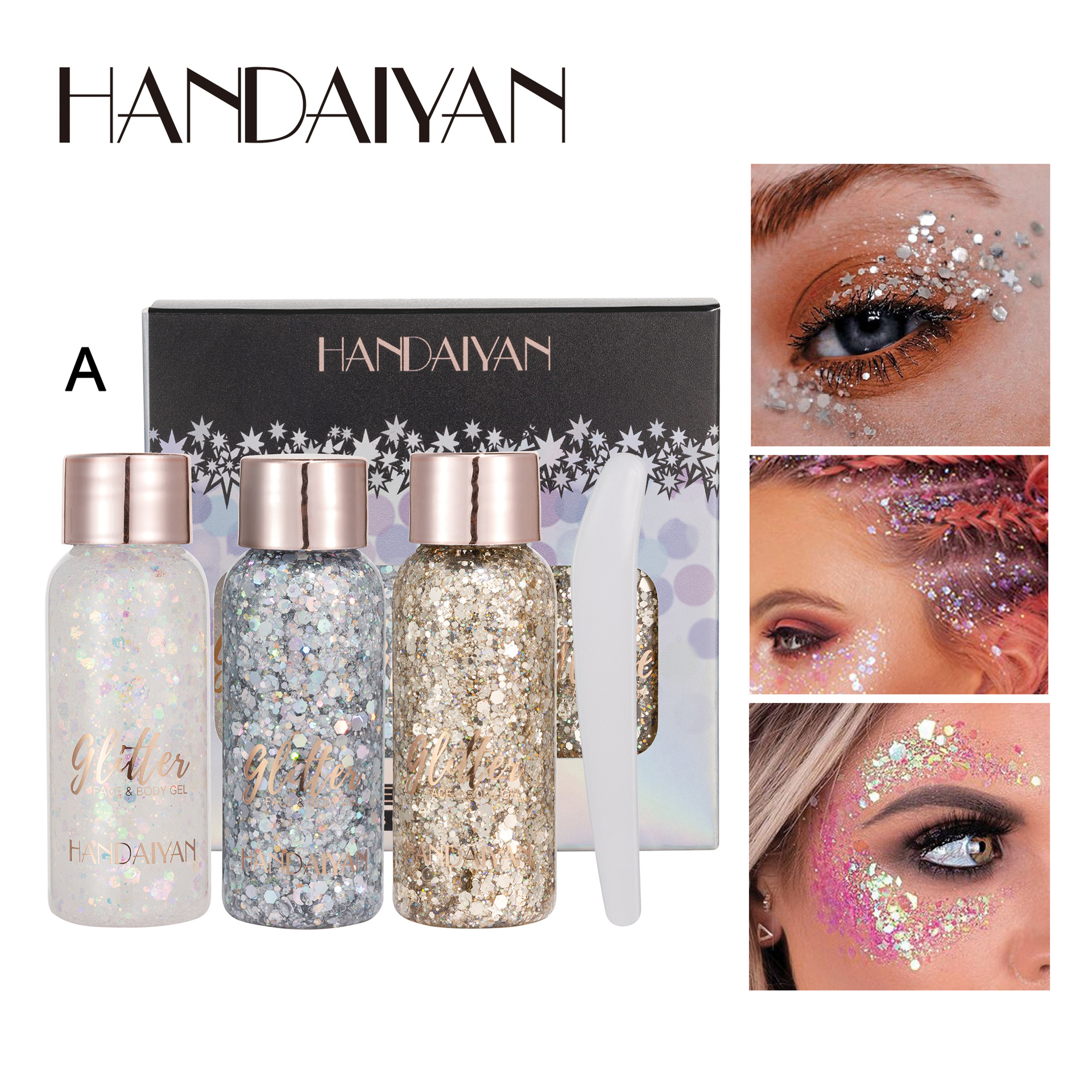 Cross-border Sequin Eyeshadow Gel 3-piece Set HANDAIYAN Mermaid Sequin Body Lotion Eyeshadow Set details Picture