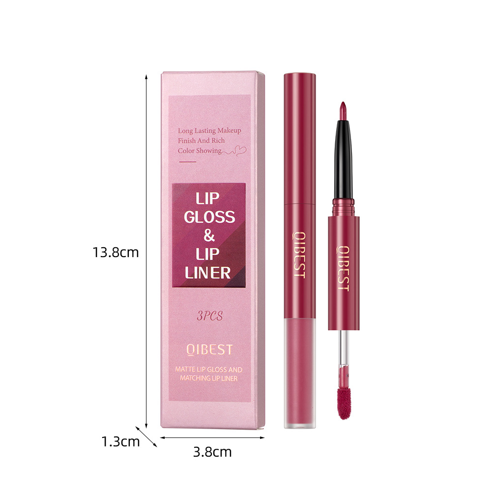 QIBEST Cross-border Two-in-one Lip Gloss and Lip Liner Pen Waterproof matte Velvet Non-smudging Double-head Lip gloss Set wholesale Item Picture