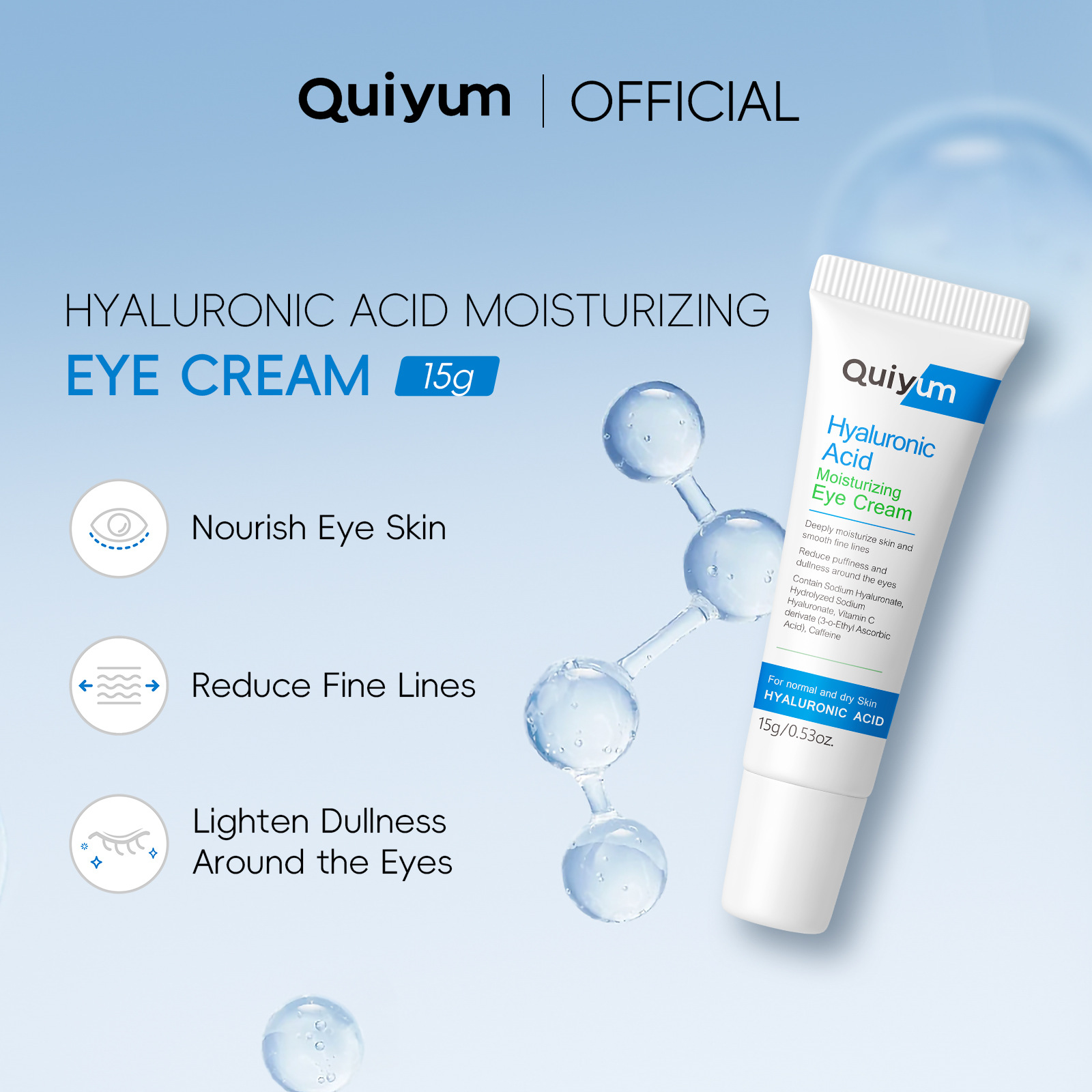 Cross-border QUIYUM Hyaluronic Acid Eye Cream 15g hydrating, moisturizing and brightening skin tone manufacturer's skin care products wholesale full figure