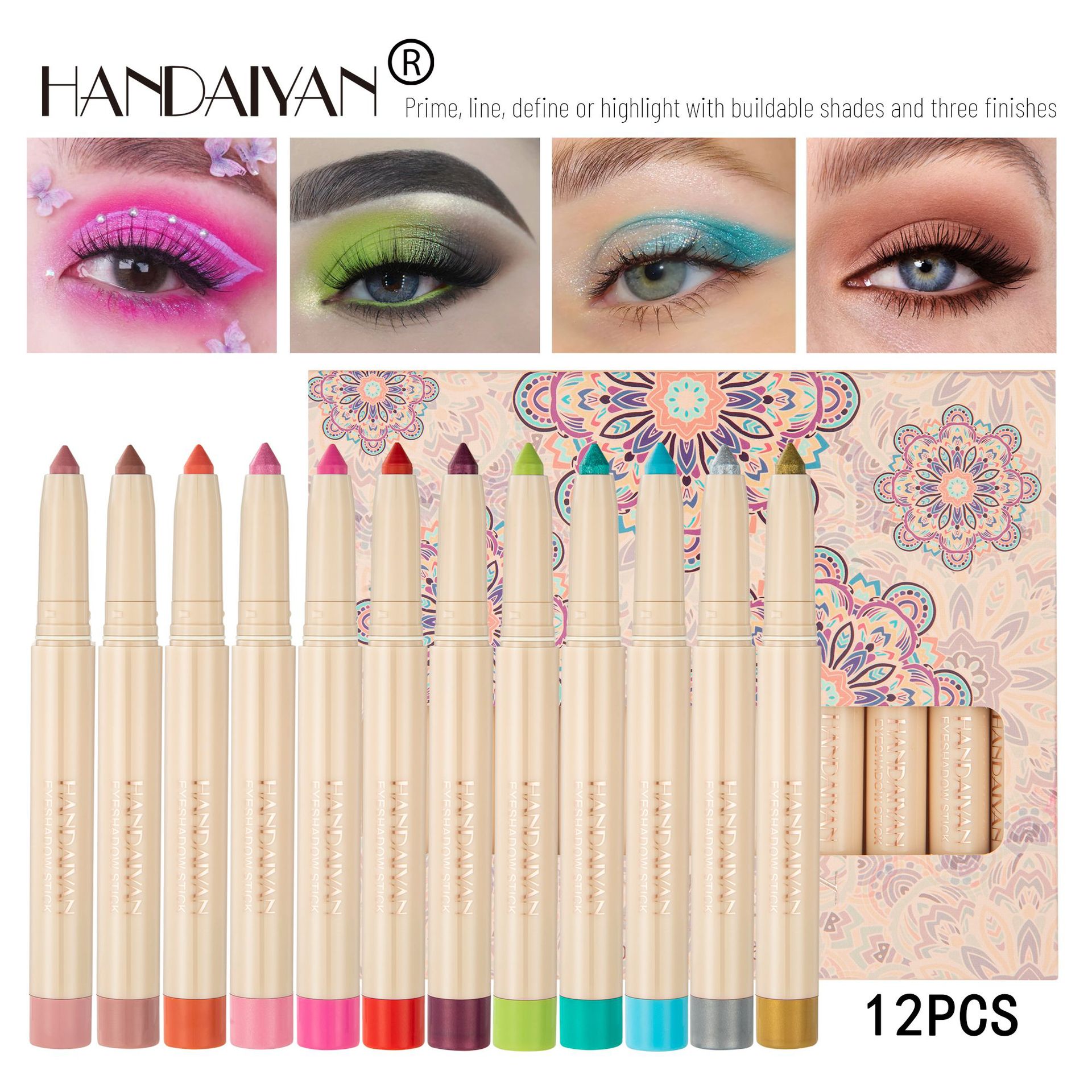 12-piece Rainbow Earth Tone HANDAIYAN eyeshadow pen set with a pencil sharpener and colored eyeshadow sticks full figure