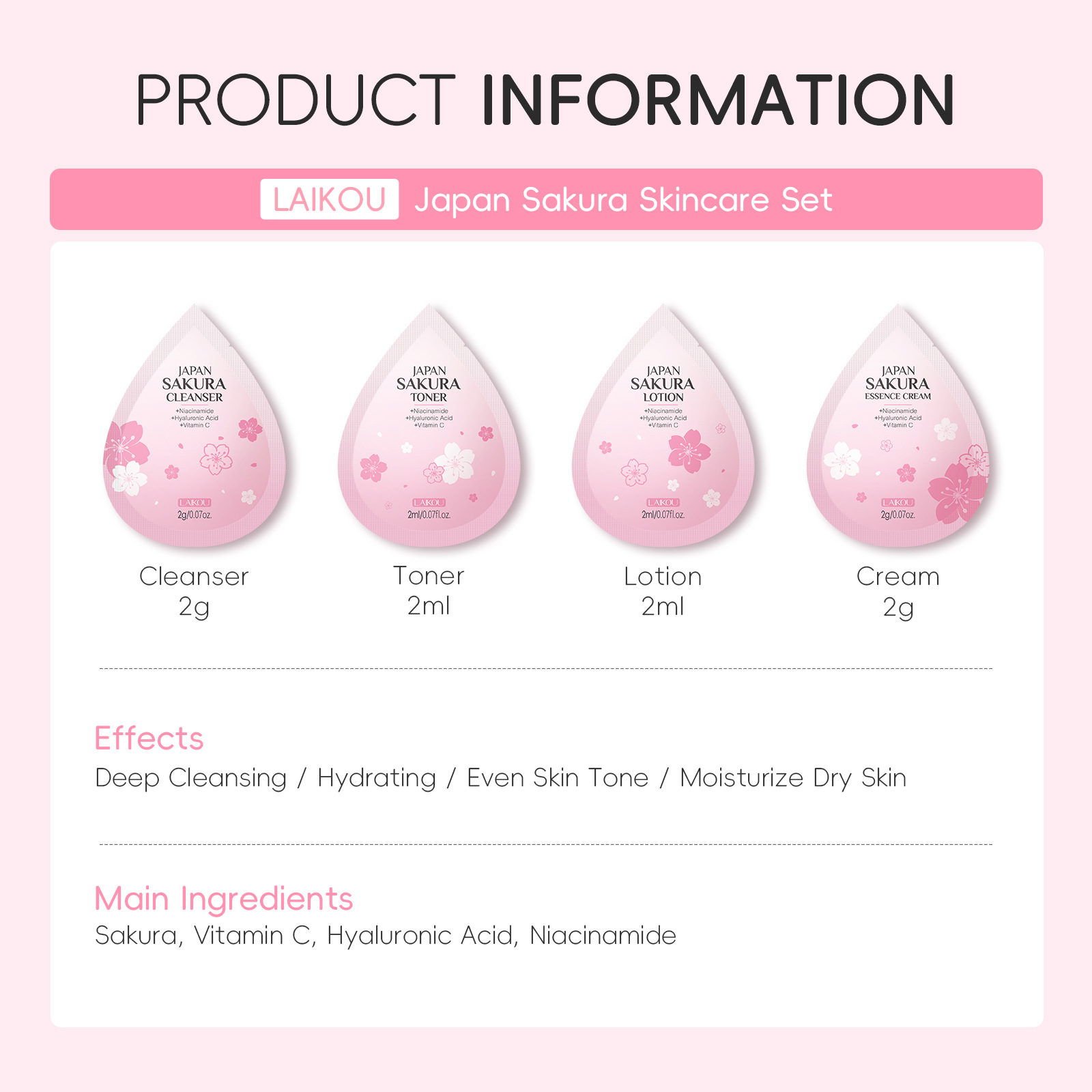 LAIKOU Cherry Blossom 4-piece set 1 piece 2g skin care products for hydrating and moisturizing are available for wholesale from the manufacturer details Picture