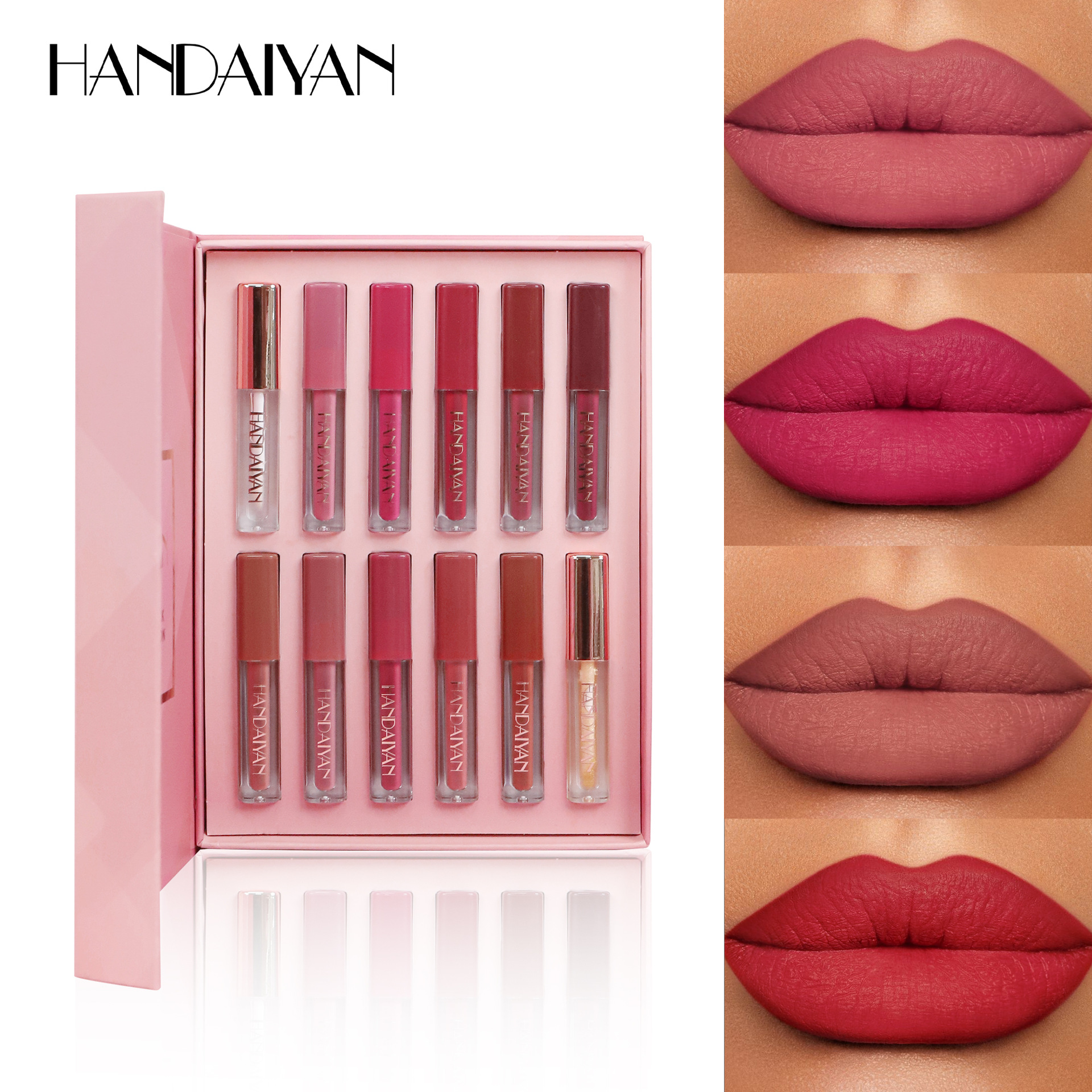 Cross-border Lip Gloss 12-color matte waterproof non-stick Cup Lip gloss HANDAIYAN Small square Tube Gold Sparkling Lip gloss full figure