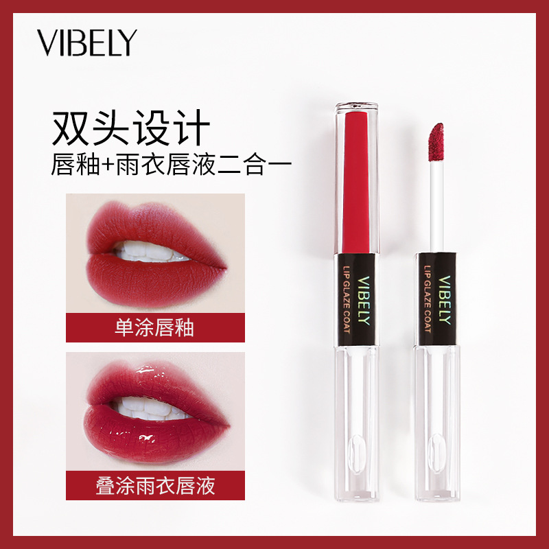 VIBELY Double-head Lip Gloss Raincoat, non-stick cup, Water Gloss mirror Lip Gloss Raincoat, Lipstick Setting Wonder, Setting liquid details Picture