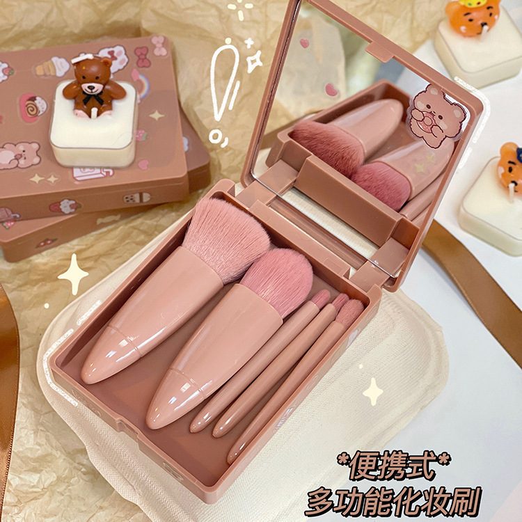 Portable 5-piece makeup brush set with mirror, mini multi-functional powder brush, foundation brush, eyeshadow brush, and smudging brush muf details Picture