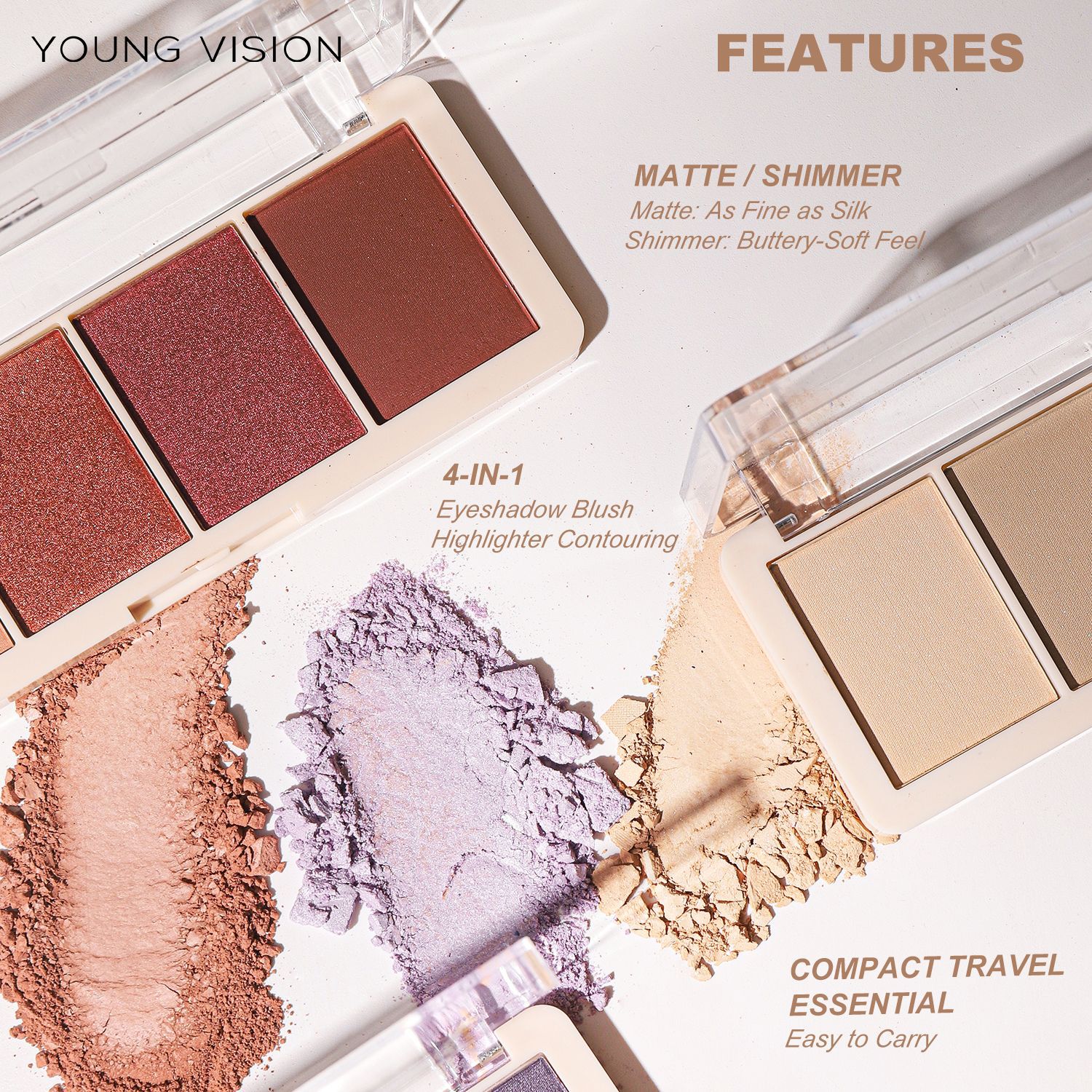 YOUNG VISION Four-color Eyeshadow Set: A daily light makeup eyeshadow palette with multiple pearlescent, matte and glossy tones Application Scenario