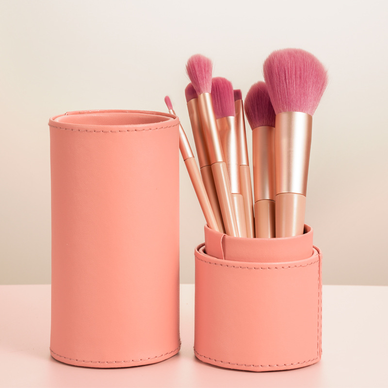 ins Super popular nude pink 7-piece makeup brush set, super soft brush, loose powder, eyeshadow brush, makeup bag bucket as base details Picture
