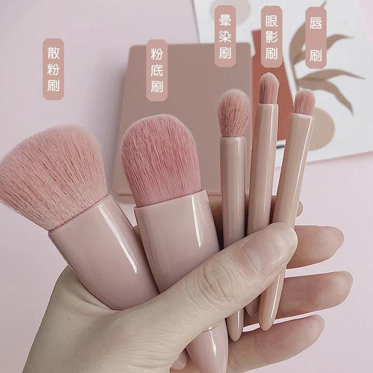 5-piece makeup brush set, eyeshadow, blush, lip brush, loose powder brush, portable with mirror, beauty tools for cross-border use details Picture