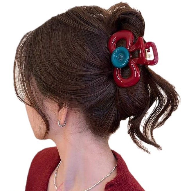Ankela Red Button Claw Clip for Women 2025 New style updo Shark Clip, high-end back of the head hair clip, headwear and hairpin Item Picture