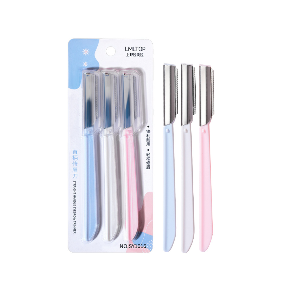 LMLTOP eyebrow trimmer 3 pieces with protective net straight handle eyebrow scraper, beauty tool wholesale SY1016 Item Picture