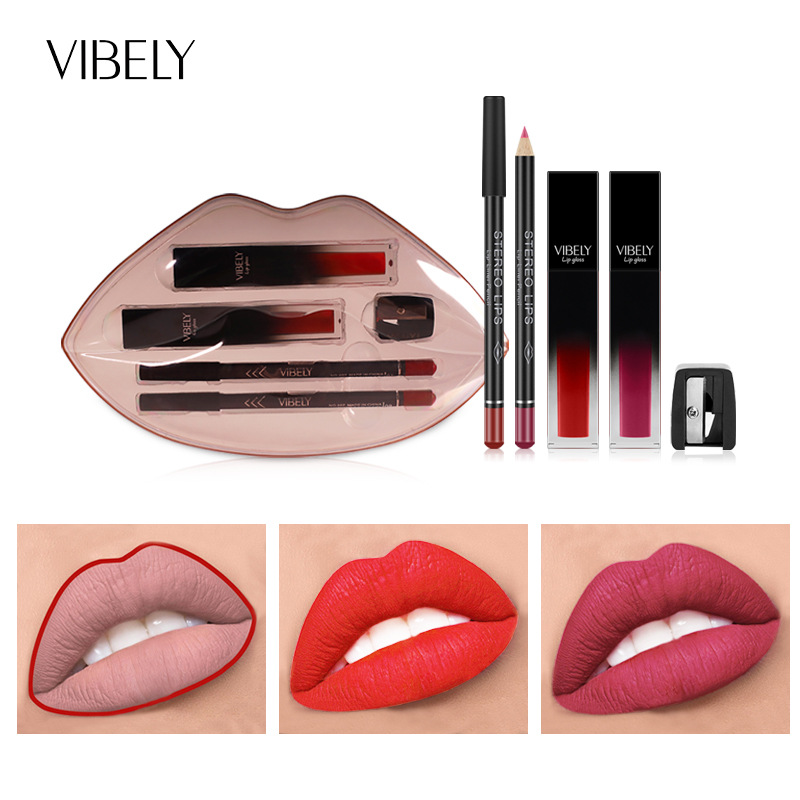VIBELY Matte nude lip liner pen Lip gloss Set, non-stick cup, non-fading liquid lip gloss, cross-border full figure