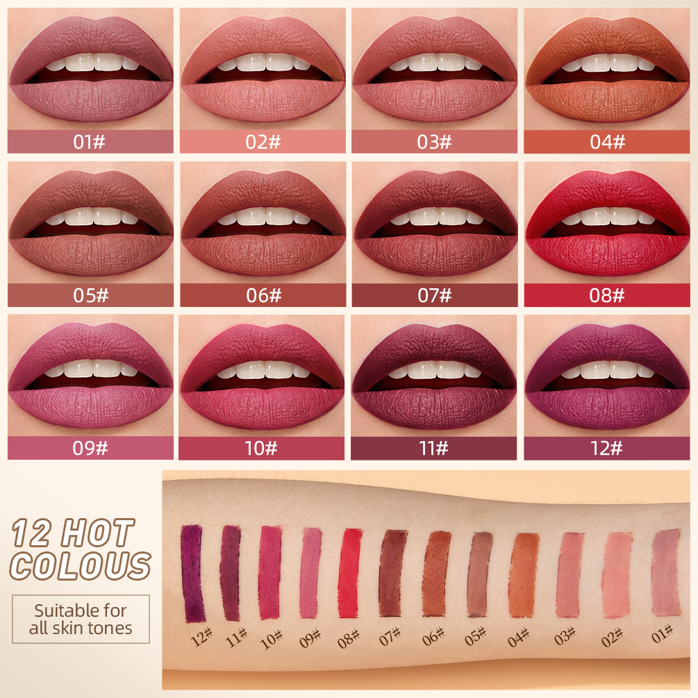 QIBEST Cross-border matte velvet matte lipstick does not stick to cups, does not fade, is easy to apply, moisturizes and lasts long, and is a lipstick for makeup details Picture
