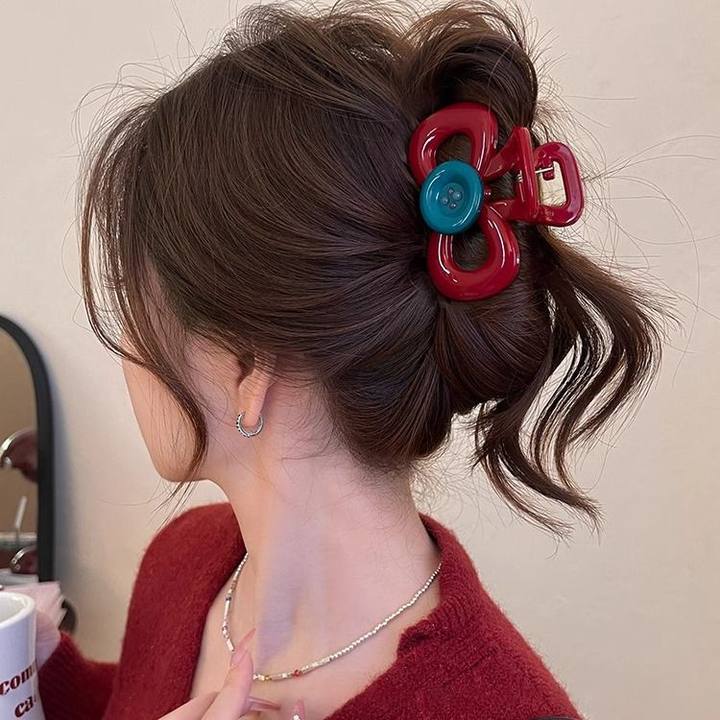 Ankela Red Button Claw Clip for Women 2025 New style updo Shark Clip, high-end back of the head hair clip, headwear and hairpin details Picture