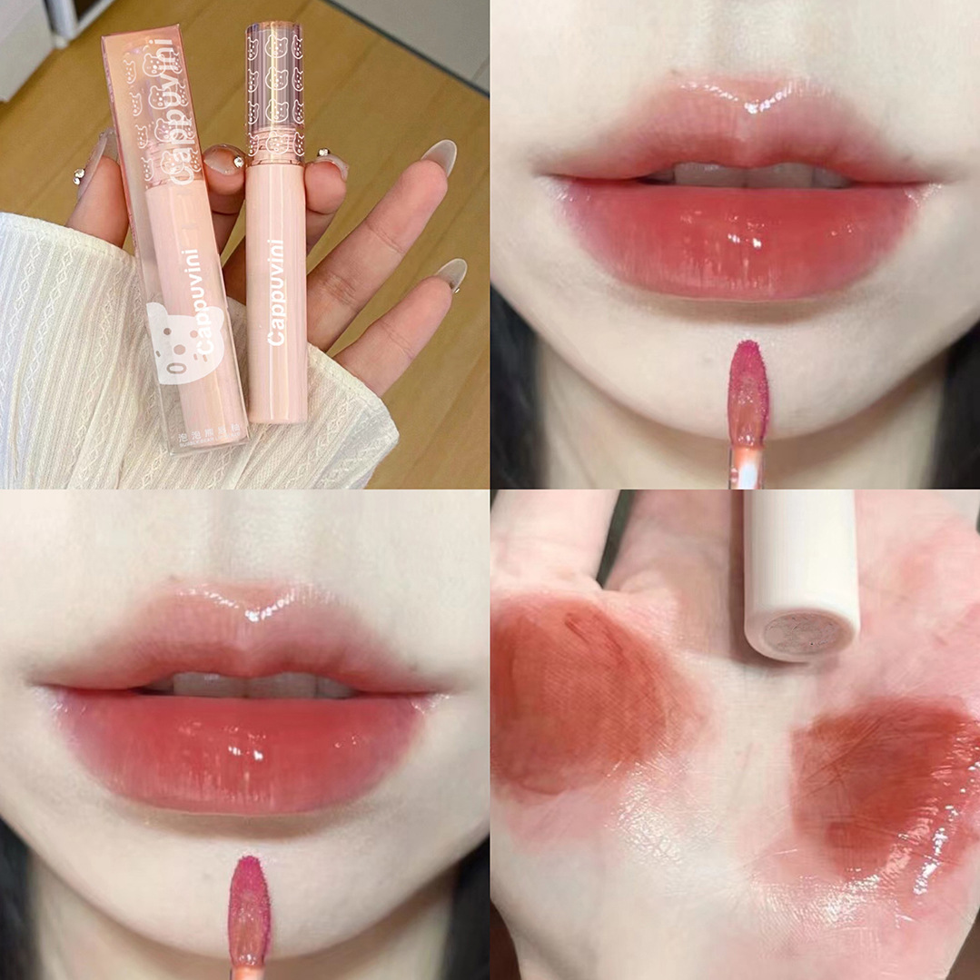 Capo Vini Bubble Bear Lip Gloss Mirror Water Light Glass Pouty Lip Lipstick for Women, affordable student milk tea color Lip gloss full figure