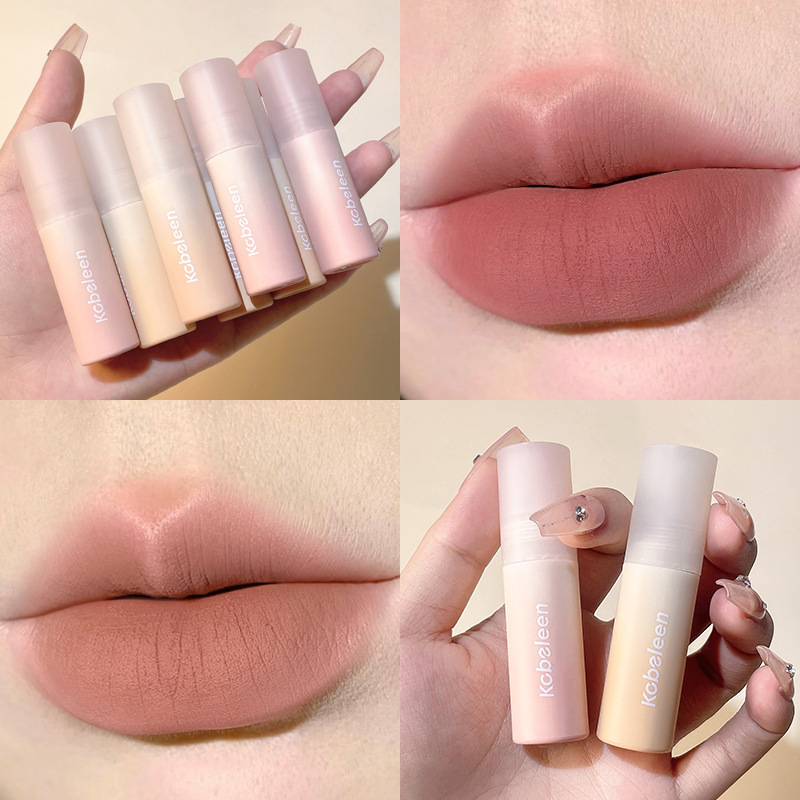 kobeleen lip gloss with velvet matte finish, does not fade and does not stick to cups. Nude lip gloss for students full figure