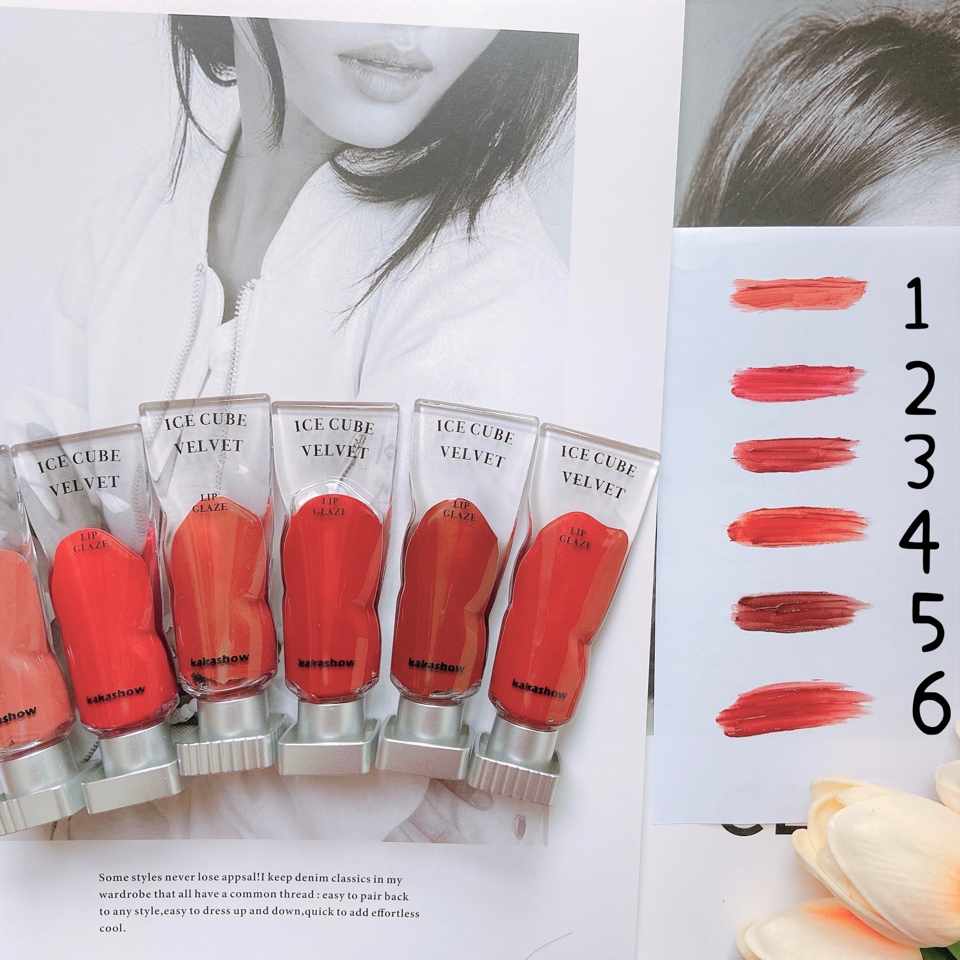 kakashow Transparent Pigment ice Cube Velvet Lip Gloss matte Lipstick Lip gloss is pure, aiming to make the skin look fairer and less likely to stain the rim of the glass Specification drawing