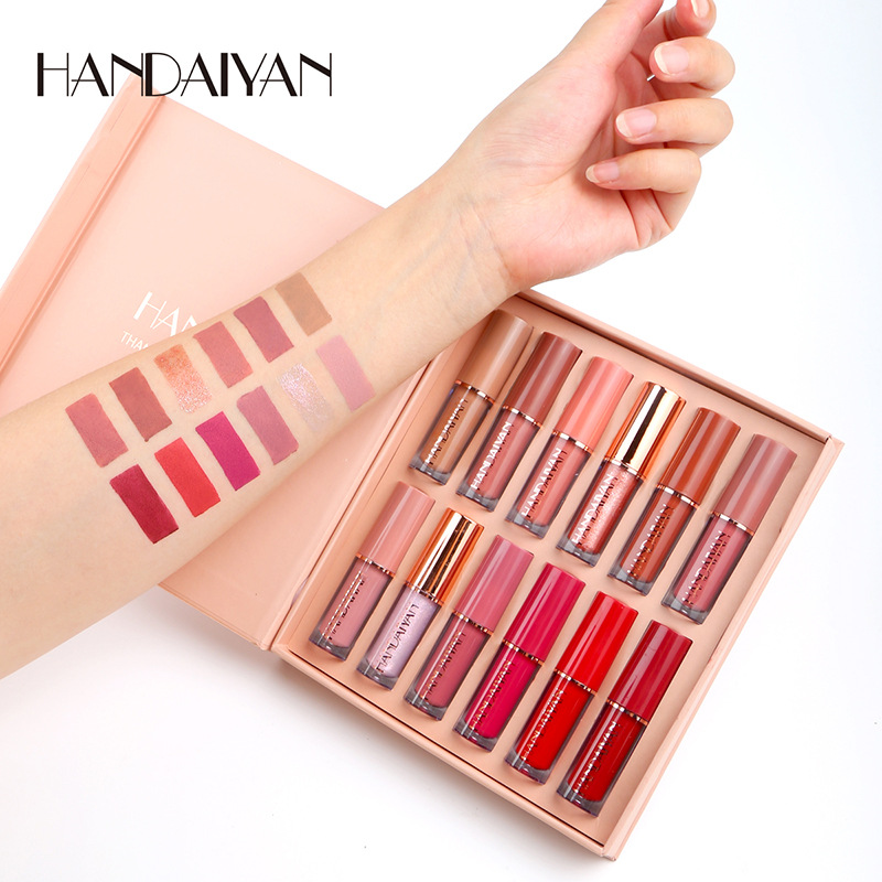 Cross-border Lip gloss, 12-color HANDAIYAN, waterproof, non-stick, matte, in stock for wholesale full figure
