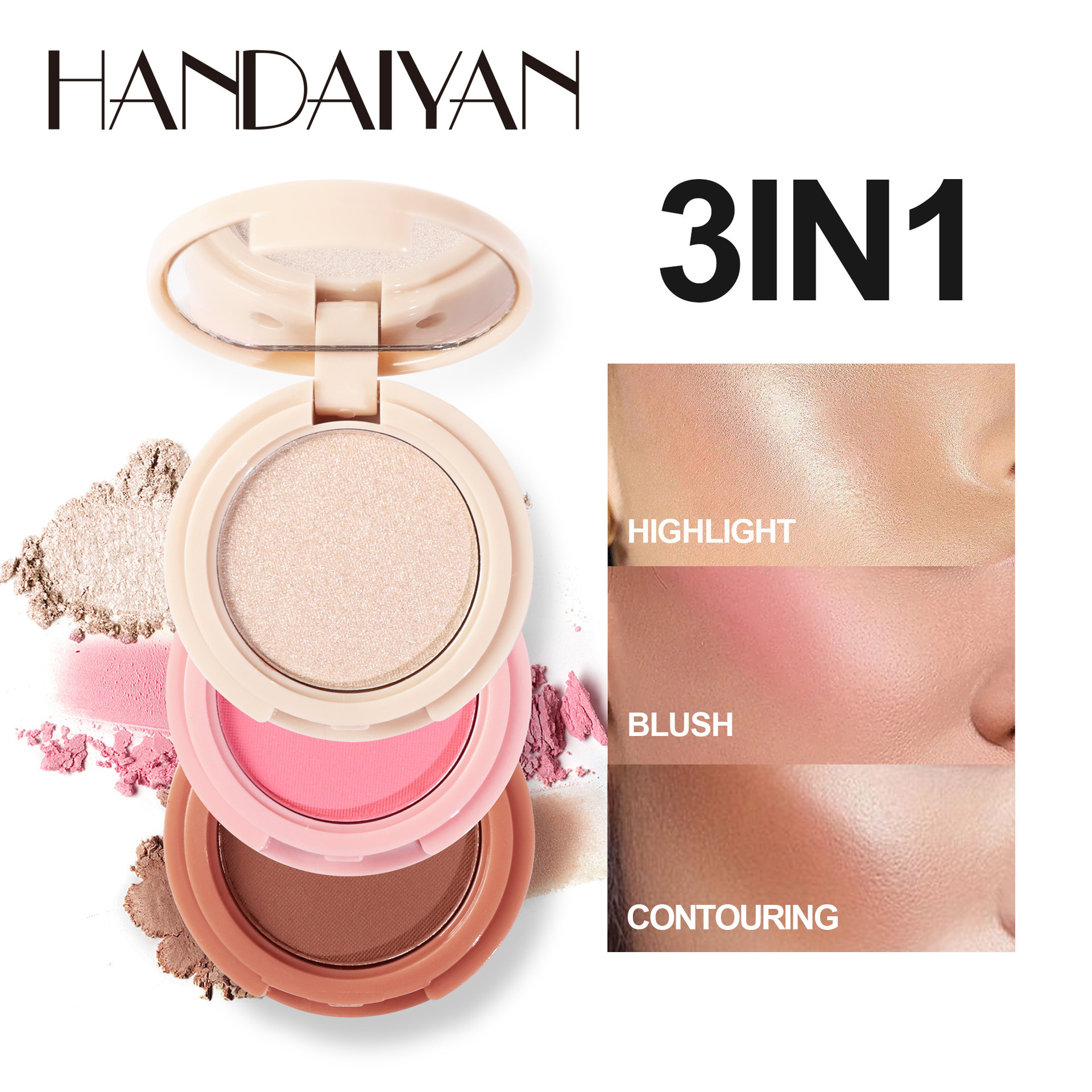 Cross-border Three-color Contouring Palette handaiyan High-gloss Brightening Blush Eyeshadow Long-lasting Waterproof three-in-one Contouring palette full figure