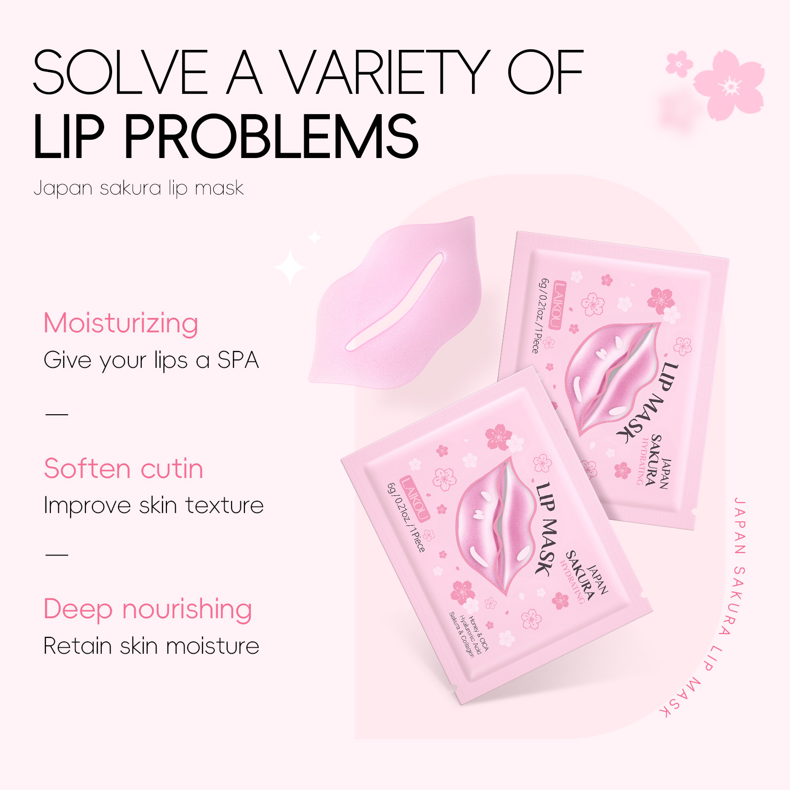 LAIKOU Cherry Blossom Lip Mask 6g, elastic and tender lip care, moisturizing and nourishing manufacturer Cross-border wholesale in stock Specification drawing