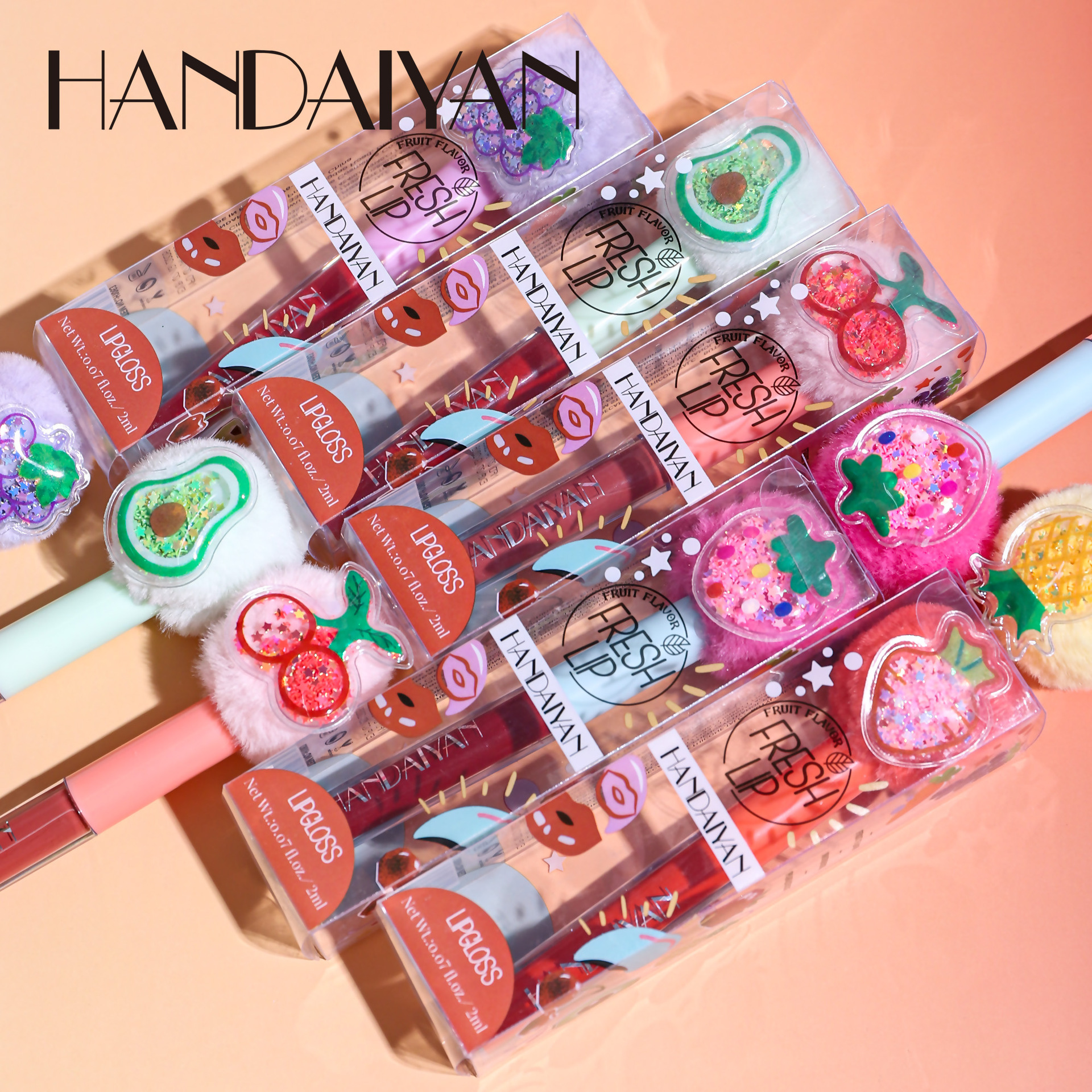 handaiyan, a new product of cross-border lip gloss, is a matte and long-lasting fruit plush head lip gloss details Picture