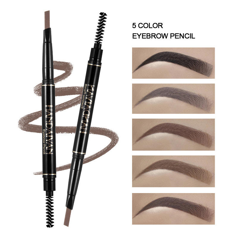 Cross-border double-head eyebrow pencil with automatic rotation, 5-color HANDAIYAN, waterproof and non-smudging, triangular three-dimensional eyebrow pencil with eyebrow brush full figure