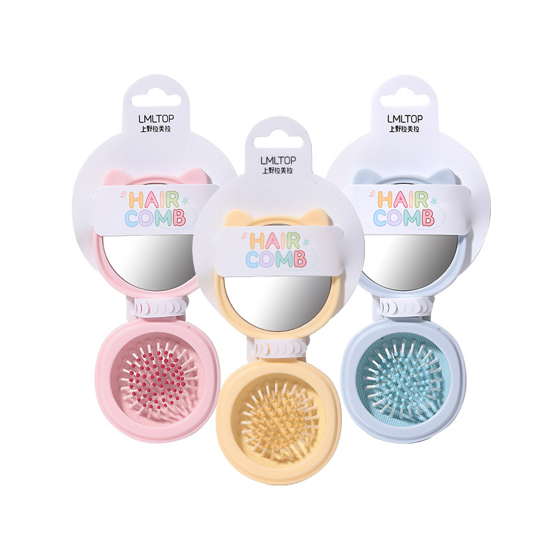 LMLTOP Cartoon cat ear folding mirror Comb Integrated Compact and portable mirror airbag hair comb SY757 Item Picture
