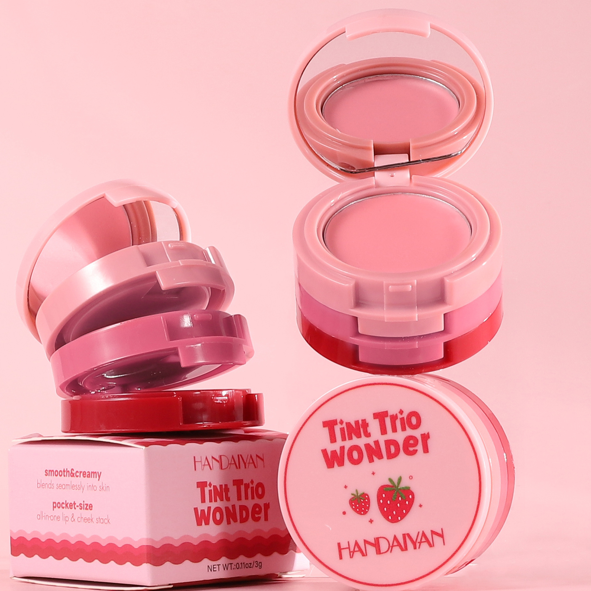 Cross-border Three-color Blush Palette Folding handaiyan Three-in-one Contouring Eyeshadow One-piece multi-color Blush Cream Lip paste Specification drawing