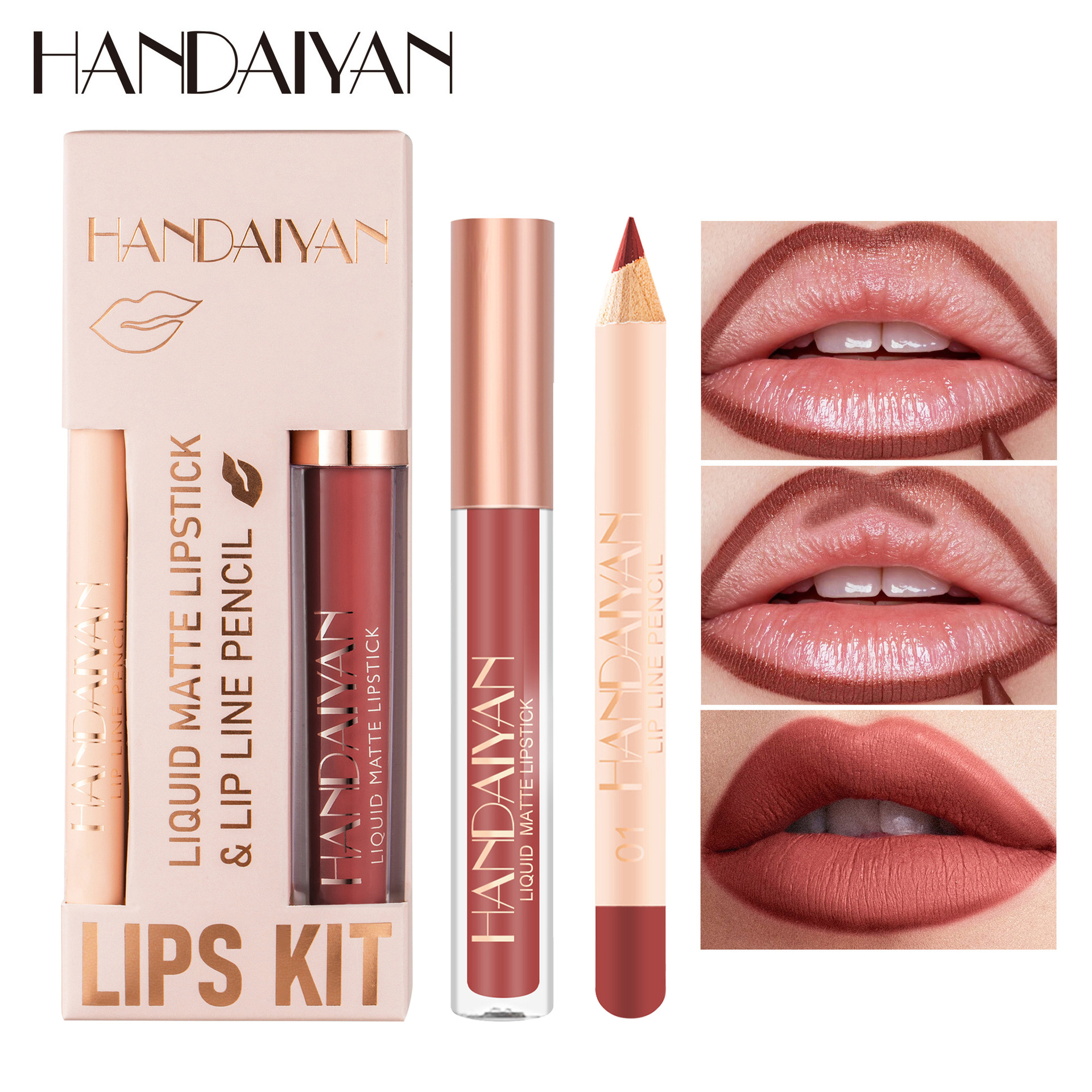 Cross-border Lip Liner Pen Lip Gloss Set HANDAIYAN Waterproof non-stick Cup Velvet Matte Lip Liner Pen set full figure