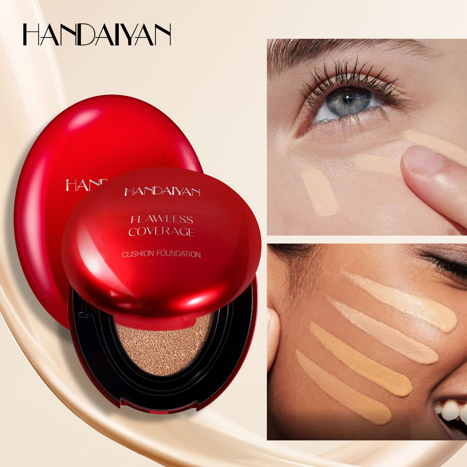 handaiyan 5-color oval red shell cushion Foundation, Clear and natural concealer and Contouring Cross-border Foundation Specification drawing