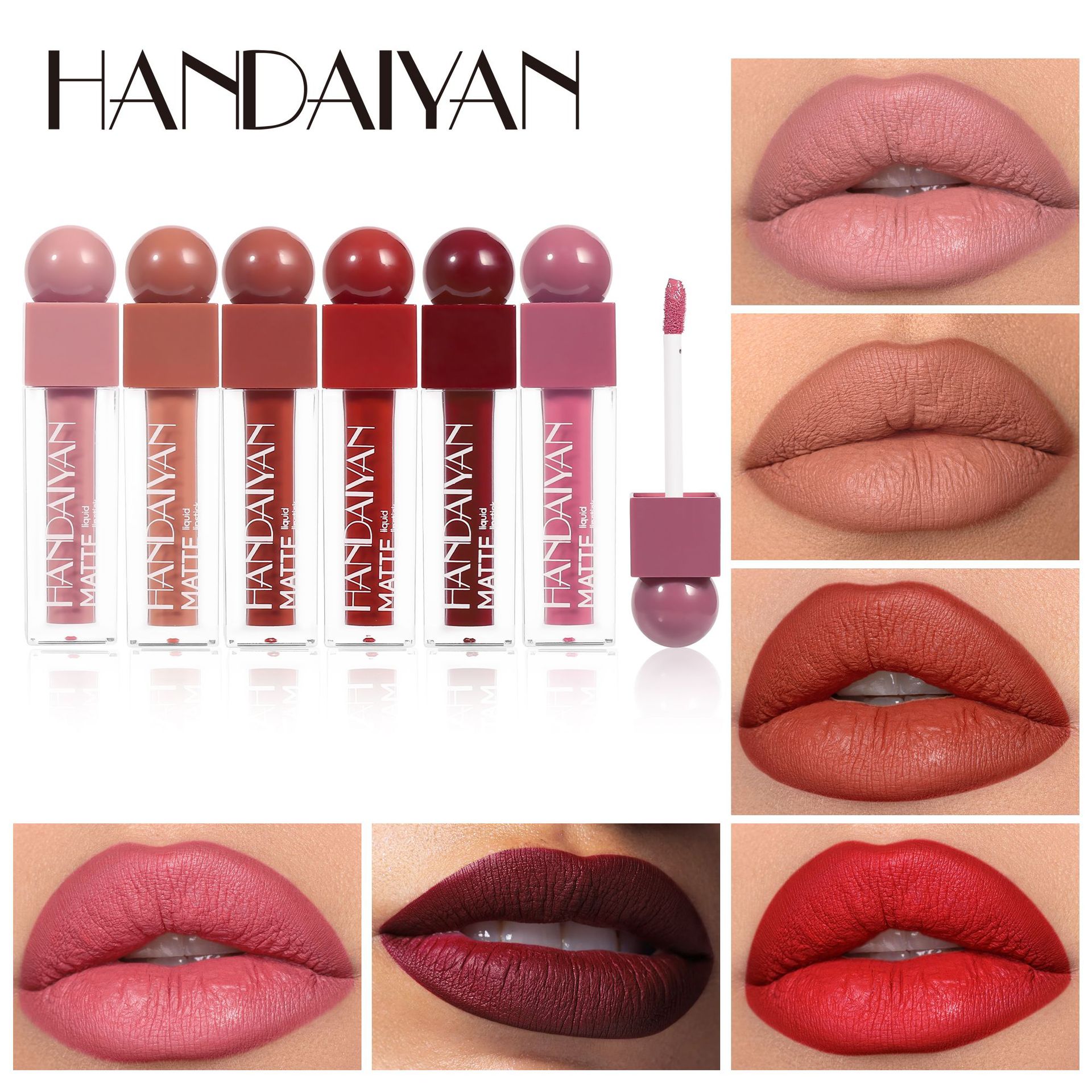 Cross-border 6-color matte lip gloss square tube lipstick, waterproof, non-stick to cups and non-fading handaiyan Matte lip gloss lip gloss details Picture