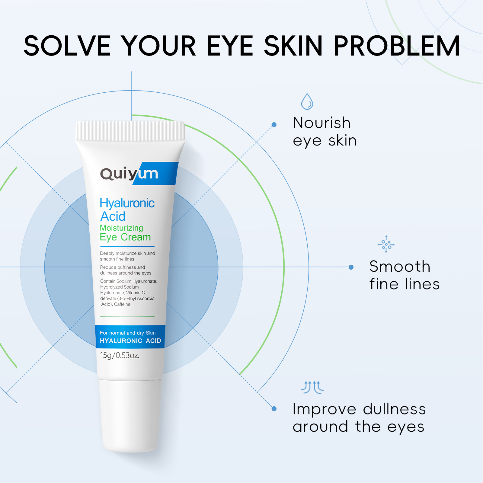 Cross-border QUIYUM Hyaluronic Acid Eye Cream 15g hydrating, moisturizing and brightening skin tone manufacturer's skin care products wholesale Application Scenario