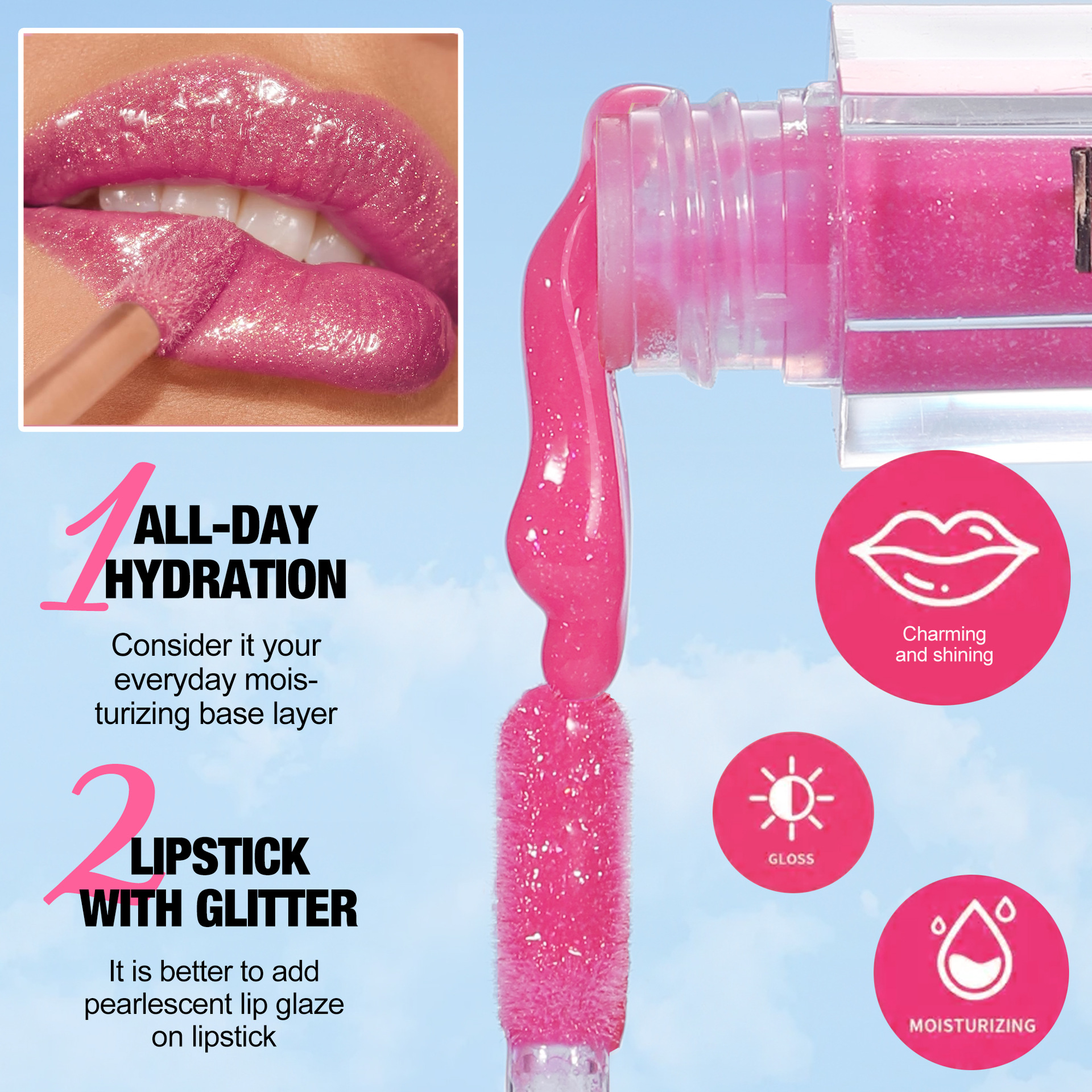 Cross-border Pearlescent Lip Gloss Moisturizing and Sparkling HandAIyan 6-color Lip gloss Transparent Moisturizing and easy-to-apply pearlescent Lip gloss details Picture