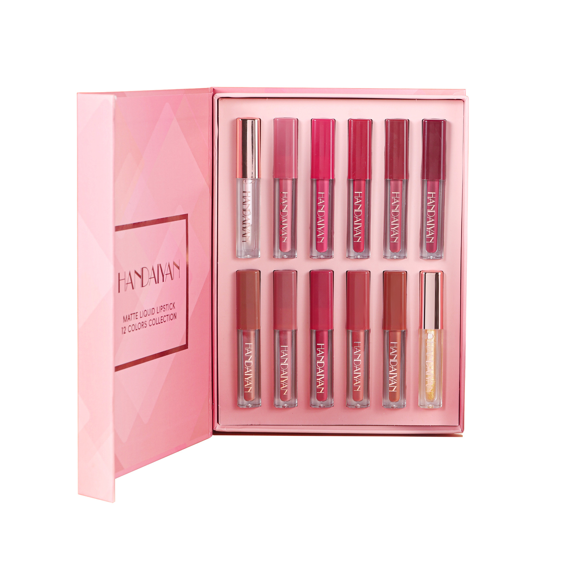 Cross-border Lip Gloss 12-color matte waterproof non-stick Cup Lip gloss HANDAIYAN Small square Tube Gold Sparkling Lip gloss Item Picture