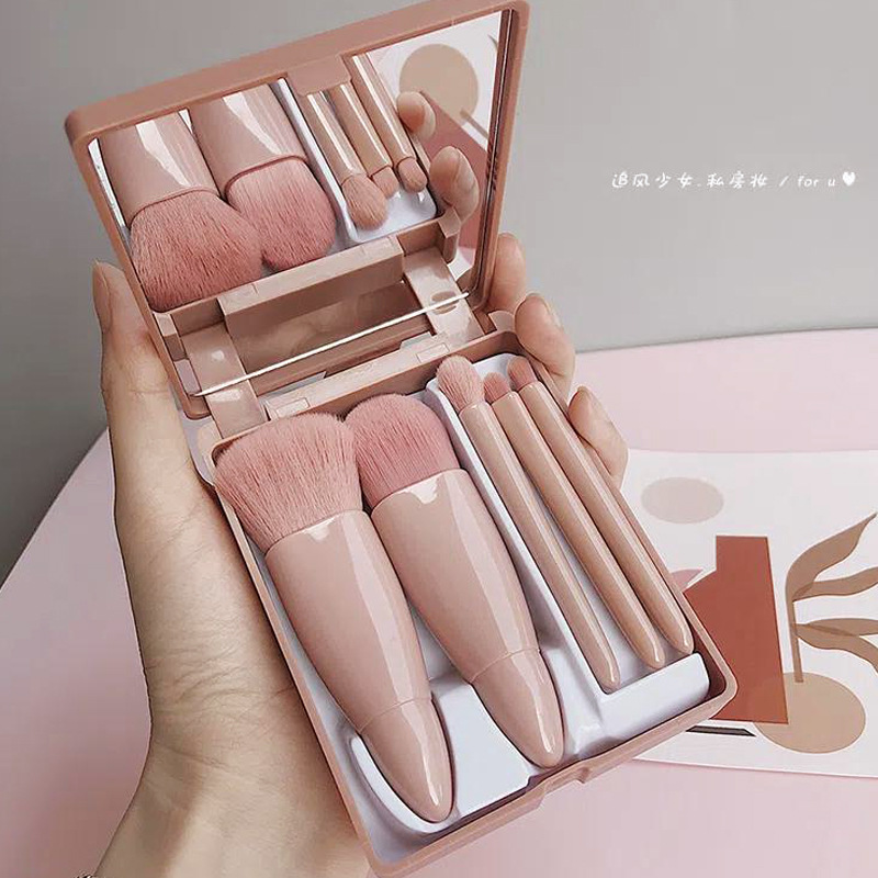 5-piece makeup brush set, eyeshadow, blush, lip brush, loose powder brush, portable with mirror, beauty tools for cross-border use full figure