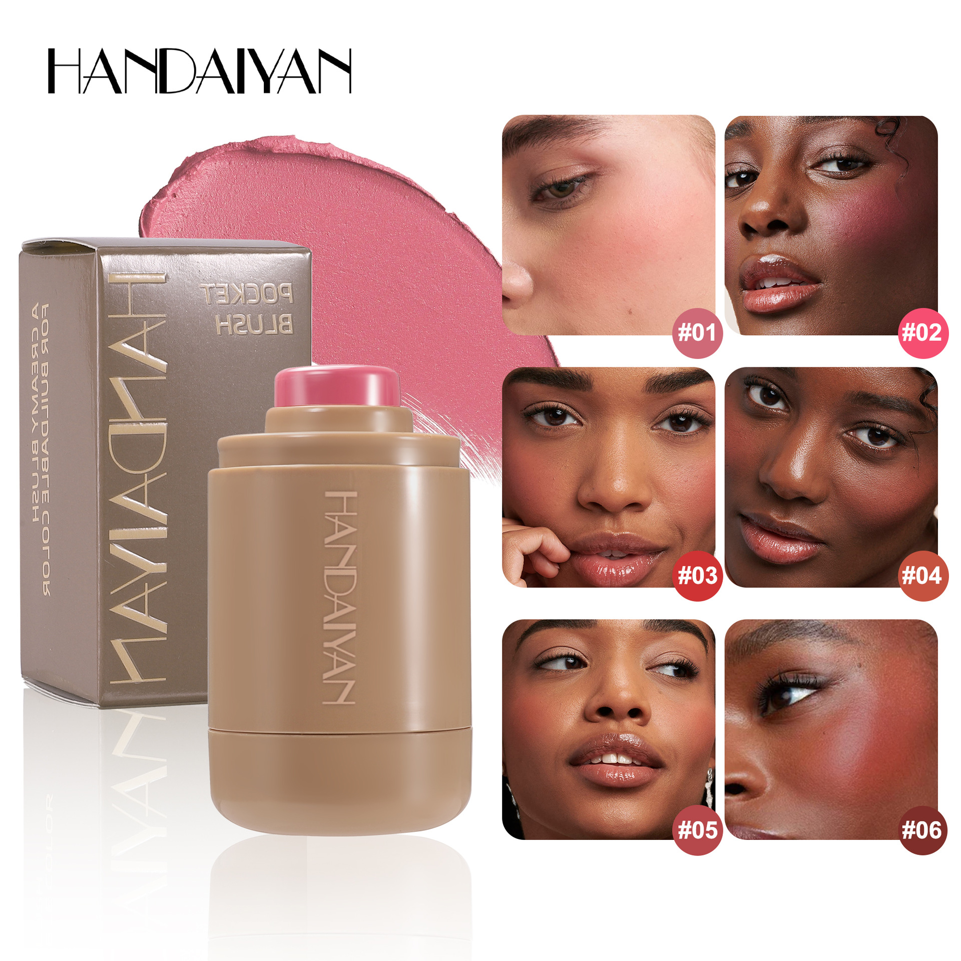 Cross-border exclusive blush stick for contouring natural 6-color matte handaiyan Portable lip and cheek dual-use blush stick full figure