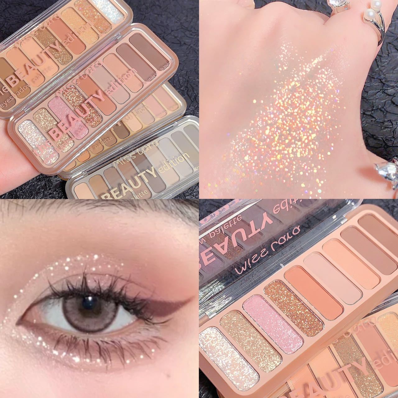 MISS LARA's new nine-color eyeshadow, featuring pearlescent sequins, glitter powder, and matte finishes, is an affordable beginner's Instagram makeup Specification drawing