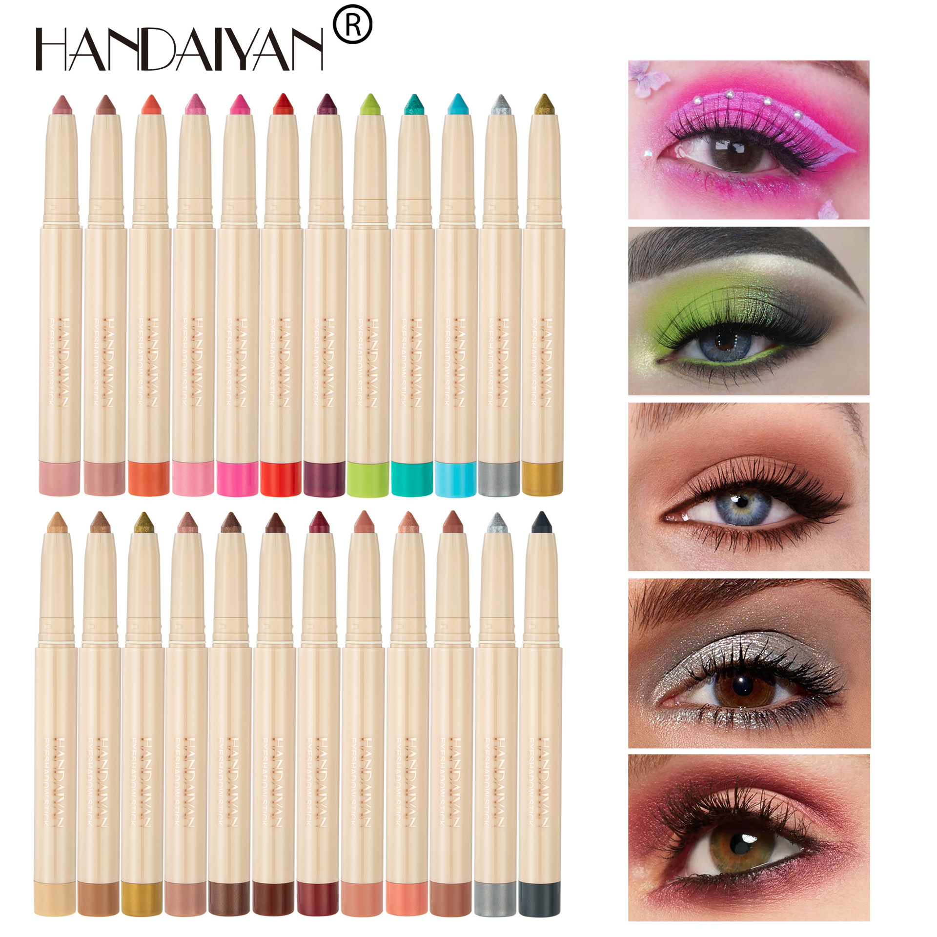 12-piece Rainbow Earth Tone HANDAIYAN eyeshadow pen set with a pencil sharpener and colored eyeshadow sticks details Picture