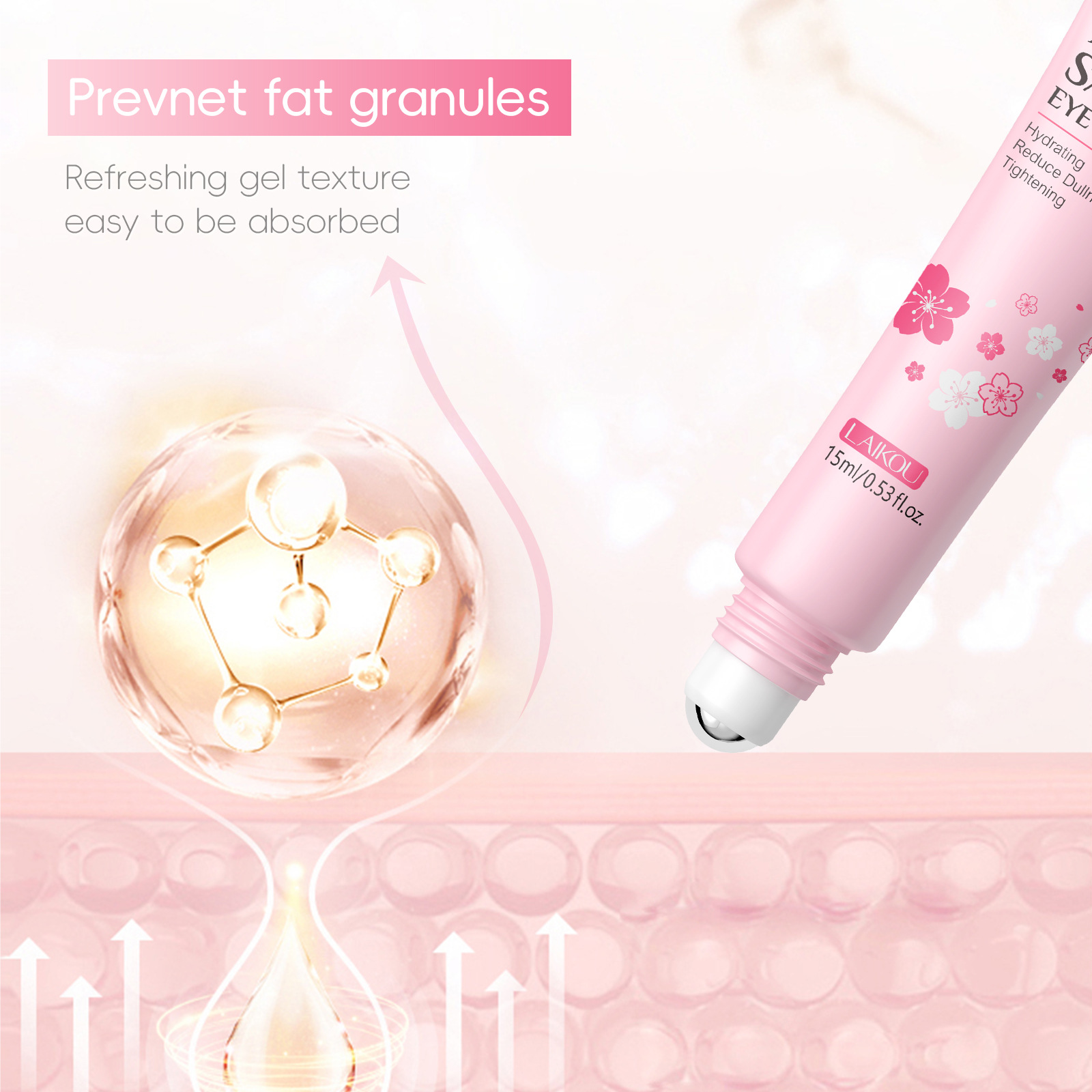 LAIKOU Cherry Blossom Eye Serum 15ml Roll-on Massage Eye Care Cream Moisturizing and Hydrating Skin Care Product Application Scenario