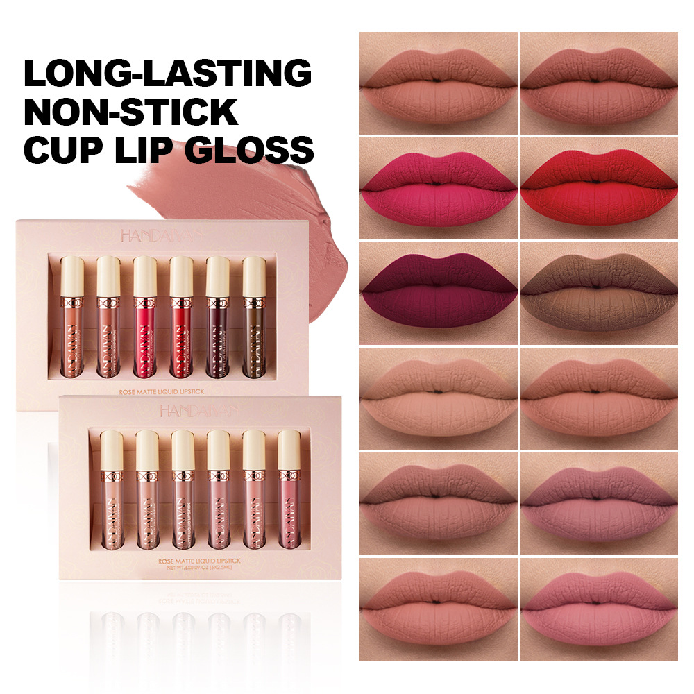Cross-border matte lip gloss 6-piece non-stick cup Matte HANDAIYAN rose Lip gloss liquid wholesale Lip gloss set full figure