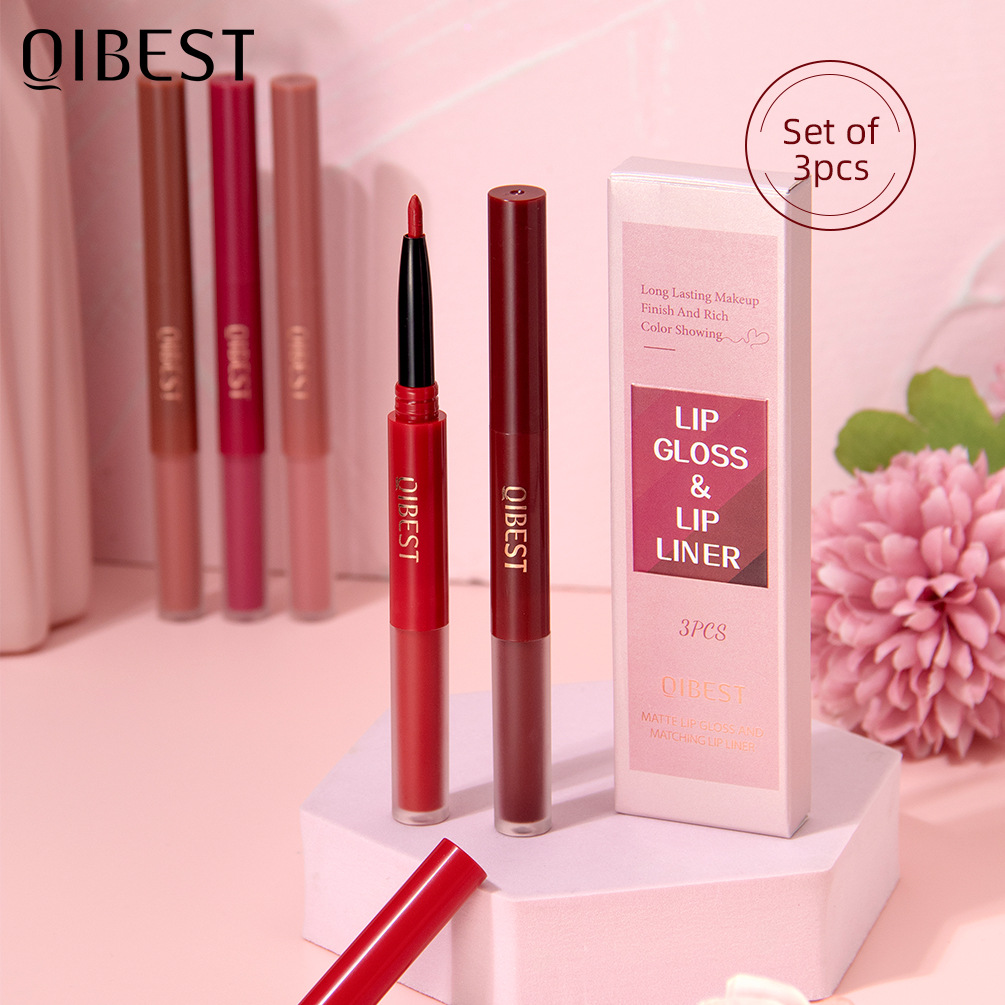 QIBEST Cross-border Two-in-one Lip Gloss and Lip Liner Pen Waterproof matte Velvet Non-smudging Double-head Lip gloss Set wholesale full figure