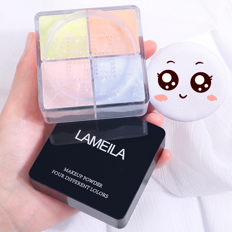 Four-grid loose powder is waterproof, sweat-proof, long-lasting oil-control and does not smudge. The matte powder compact provides concealer and brightens. Four-color setting powder details Picture