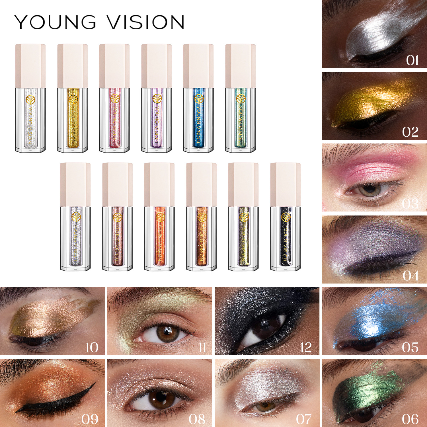 YOUNG VISION 12-color Sparkling and Dazzling Eyeshadow, Pearlescent, Polarized and matte Liquid Eyeshadow liquid full figure