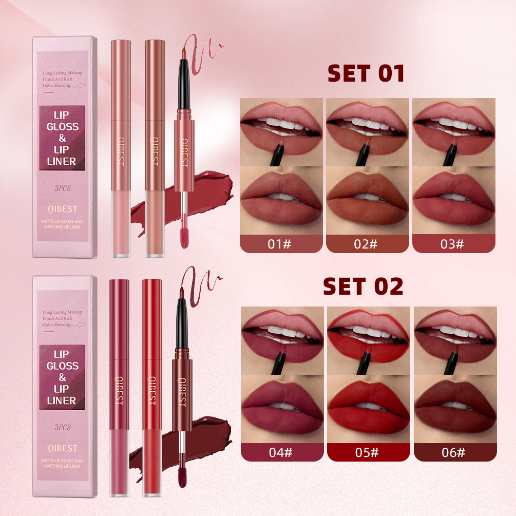 QIBEST Cross-border Two-in-one Lip Gloss and Lip Liner Pen Waterproof matte Velvet Non-smudging Double-head Lip gloss Set wholesale details Picture