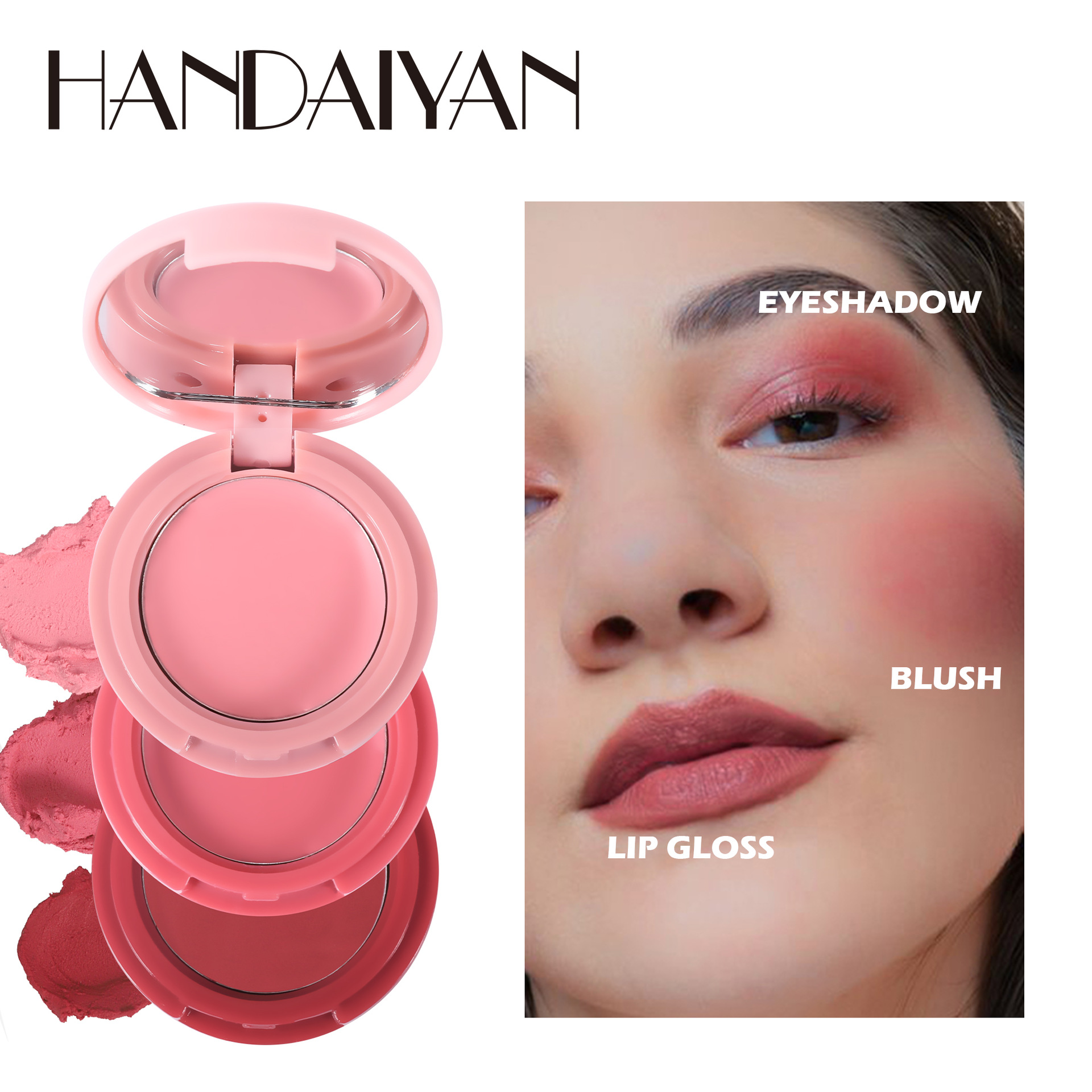 Cross-border Three-color Blush Palette Folding handaiyan Three-in-one Contouring Eyeshadow One-piece multi-color Blush Cream Lip paste full figure