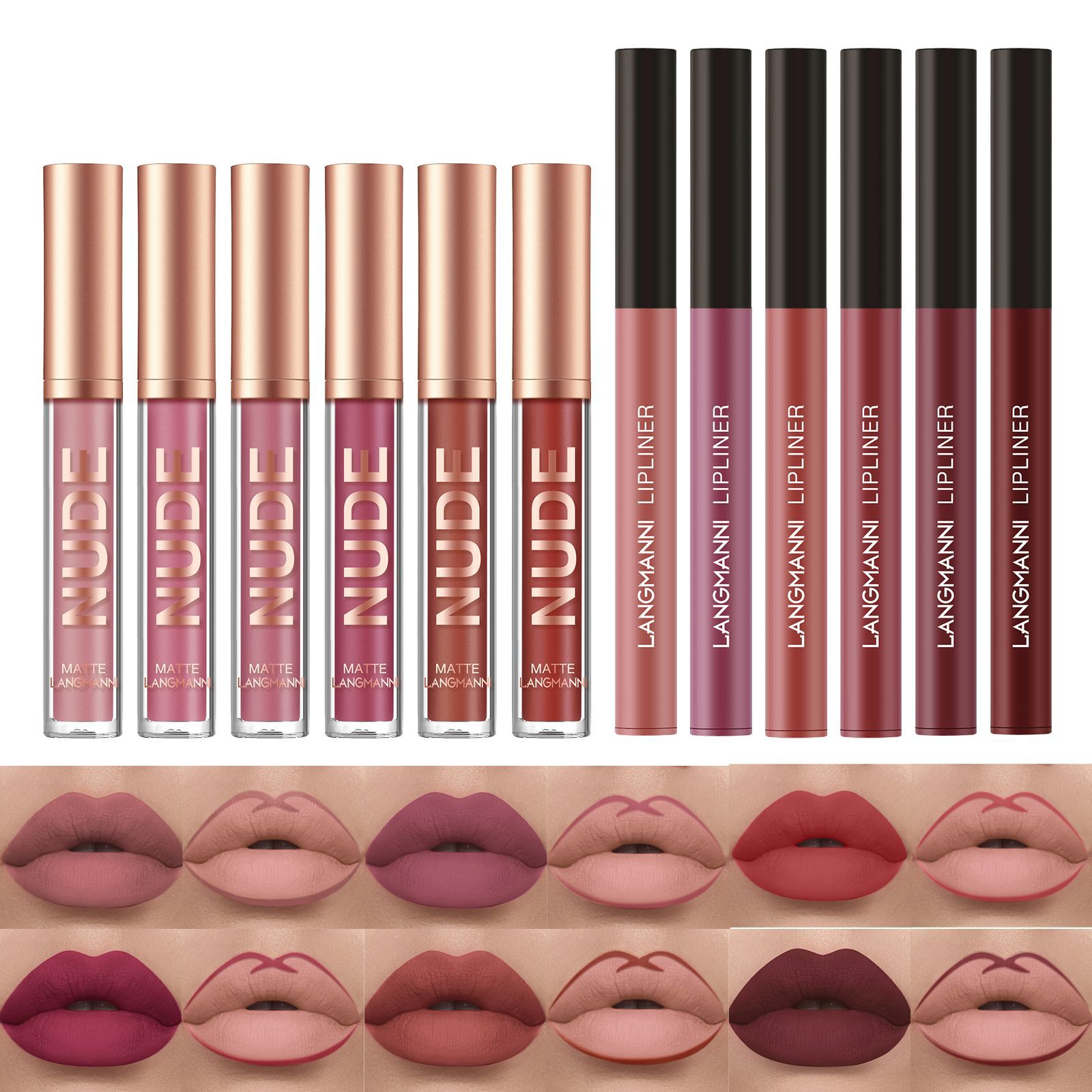 Langmanni Lip Gloss lip Liner Combination 2 sets non-stick cup matte lip gloss set cross-border makeup details Picture