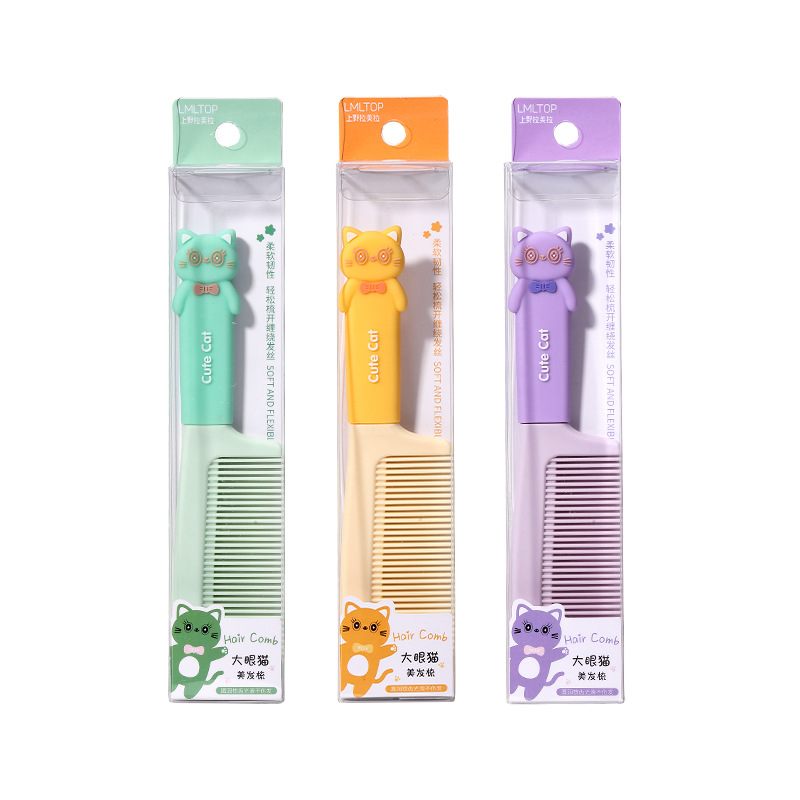 LMLTOP Cartoon big-eyed cat hair Comb, cute silicone handle straight hair comb, long hair smoothing comb SY754 Item Picture